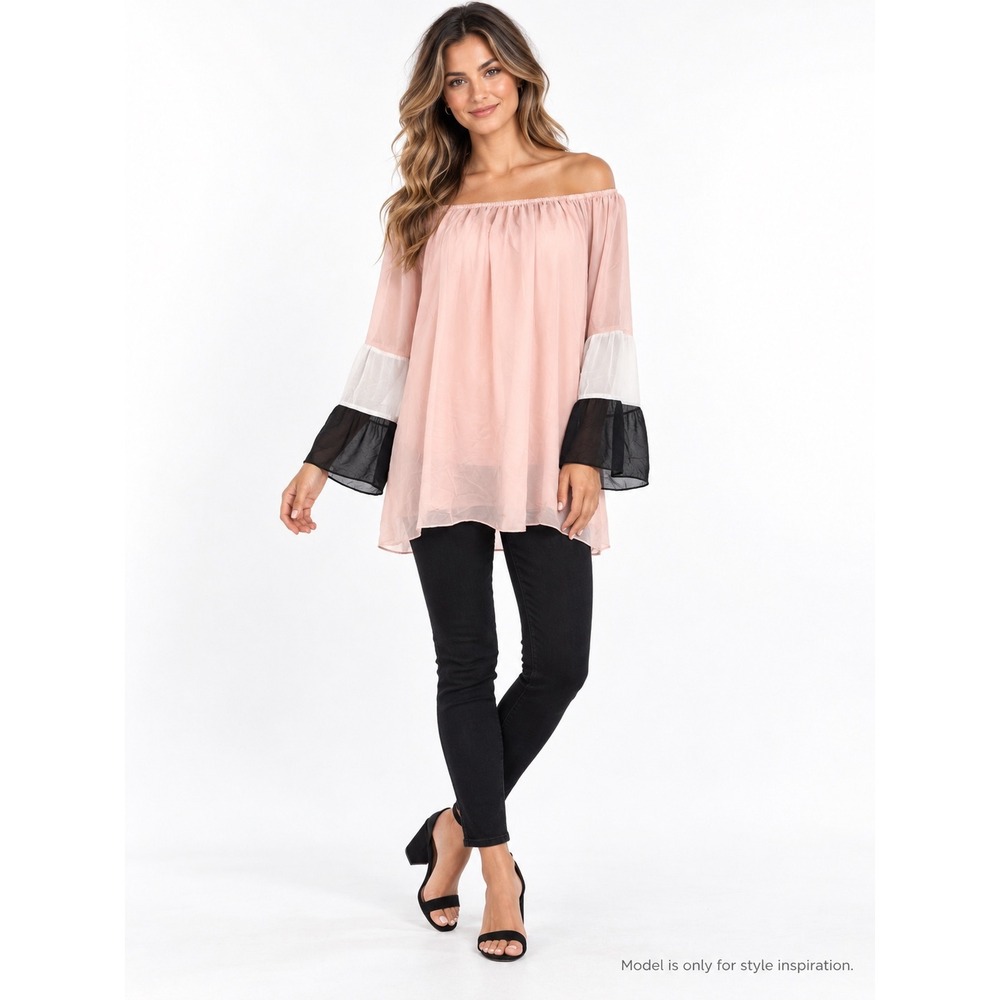 Coco Bianco Blouse Womens L Pink Off Shoulder Sheer Bell Sleeve Colorblock Top
